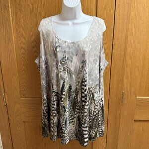 Susan Graver Liquid Knit Feather Print Earth Tones Shell Tank Top - 3X